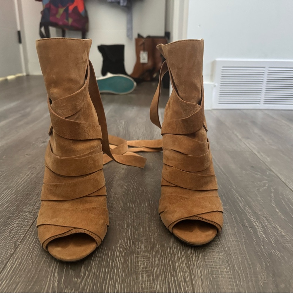 Also Women's Tan Suede Peep-Toe Heels